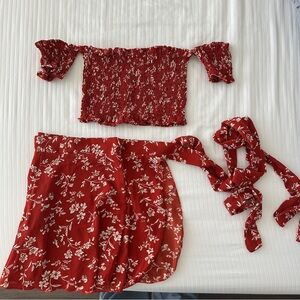 Red Floral Off-Shoulder Top and Skirt Set
